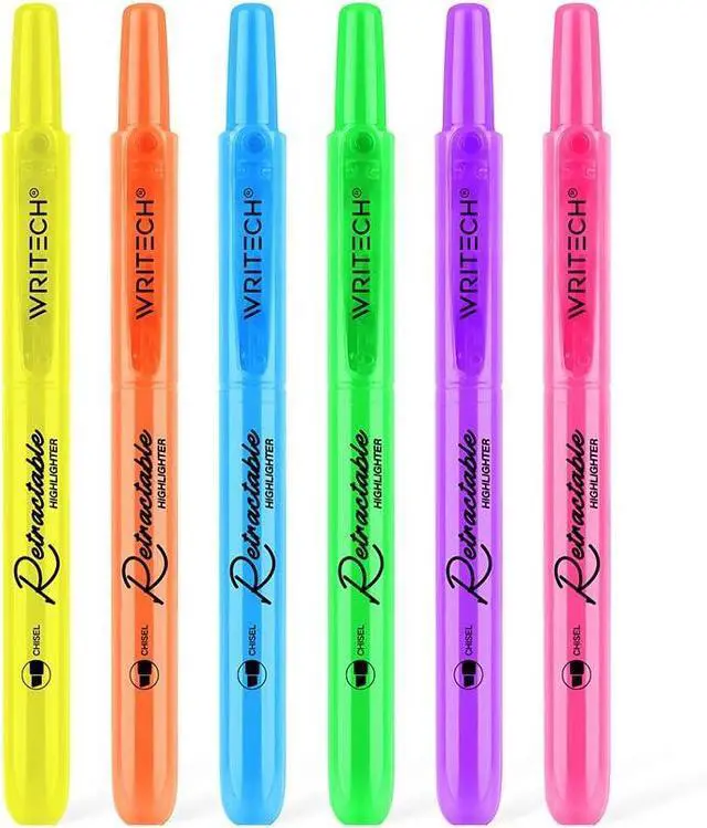 Main image of WRITECH Retractable Highlighters Assorted Colors: Chisel Tip Click Aesthetic Highlighter Marker Pens Pack Multi Colored Ink No Bleed Smear for Highlighting Journaling (6ct Neon)
