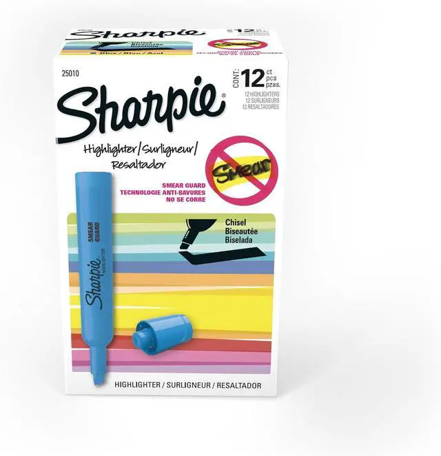 Main image of Sharpie Tank Style Highlighters, Chisel Tip, Fluorescent Blue, Box of 12