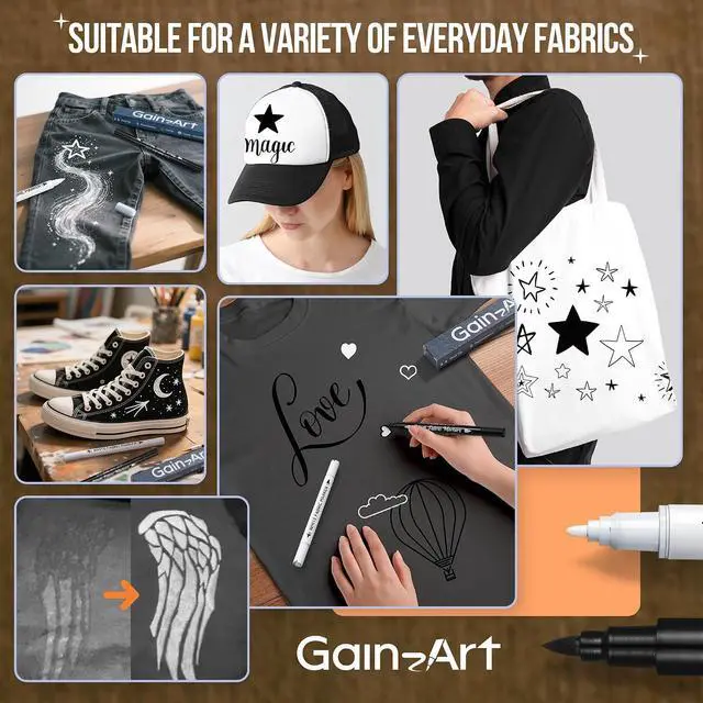 Alt view image 7 of 7 - Gain-Art Fabric Marker for Clothes 2PCS, Wash-Resistant, No Bleed, Quick Dry Professional Dual Tip Pen, Permanent Paint for Clothing, Canvas Cover Stains, DIY Art Crafting White &Black