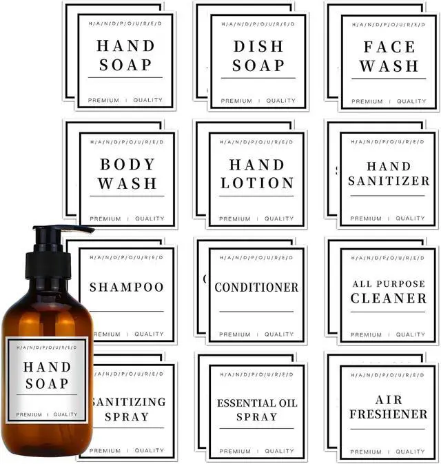 Main image of 24 PCS Waterproof Soap Label Stickers, Bathroom/Kitchen Hand Soap Dispenser Labels for Glass/Plastic Bottles, Removable Cleaning Labels for Soap, Lotion, Shampoo and Conditioner (3 x 3 Inch)