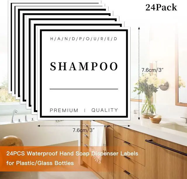 Alt view image 2 of 7 - 24 PCS Waterproof Soap Label Stickers, Bathroom/Kitchen Hand Soap Dispenser Labels for Glass/Plastic Bottles, Removable Cleaning Labels for Soap, Lotion, Shampoo and Conditioner (3 x 3 Inch)