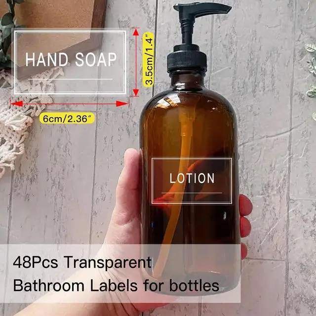 Alt view image 4 of 7 - 48PCS Clear Waterproof Labels for Bottles, Bathroom Hand Soap Shampoo and Lotion Stickers, Removable Transparent Bottle Label for bodywash and Conditioner Dispenser (White on Clear)