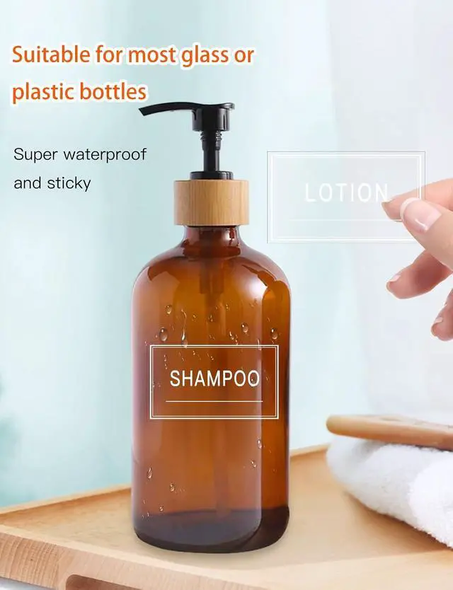 Alt view image 6 of 7 - 48PCS Clear Waterproof Labels for Bottles, Bathroom Hand Soap Shampoo and Lotion Stickers, Removable Transparent Bottle Label for bodywash and Conditioner Dispenser (White on Clear)