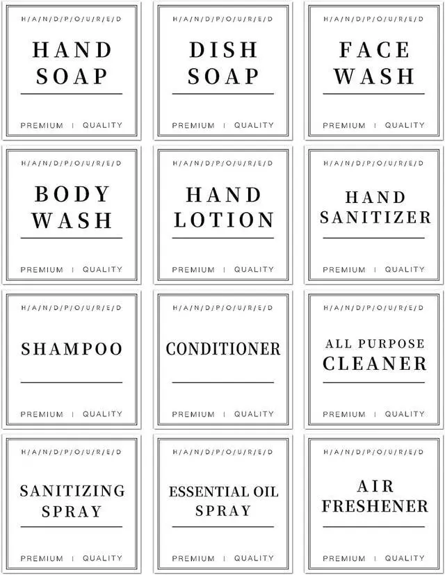 Main image of 12 PCS Waterproof Glass/Plastic Bottle Labels - Farmhouse Bathroom/Kitchen Hand Soap Dispenser Label Stickers, Removable Cleaning Labels for Lotion, Shampoo and Conditioner