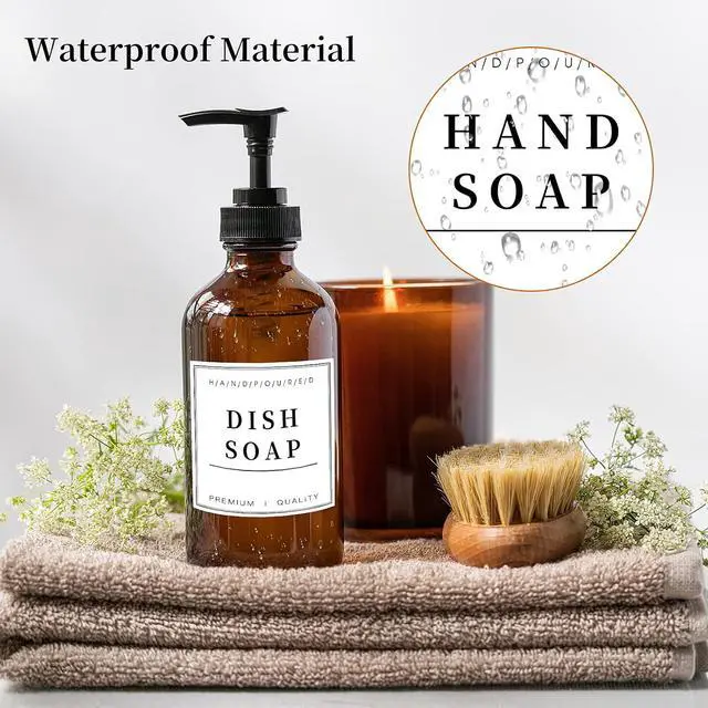 Alt view image 3 of 6 - 12 PCS Waterproof Glass/Plastic Bottle Labels - Farmhouse Bathroom/Kitchen Hand Soap Dispenser Label Stickers, Removable Cleaning Labels for Lotion, Shampoo and Conditioner