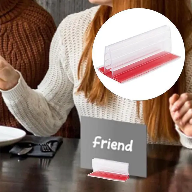Alt view image 4 of 5 - 10 PCS Sneeze Guard Holder, Self Adhesive Place Card Holder, 3'' x 1.7'' Plastic Tabletop Base Clips for Placing 1/8" to 1/4" Thick Sign Cards Photos Menu Tag Desk Dividers