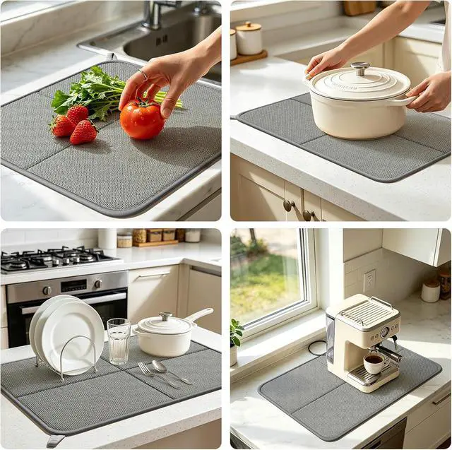 Alt view image 6 of 6 - YDKGL Dish Drying Mat for Kitchen Counter, Absorbent Dish MatGrey 16x18