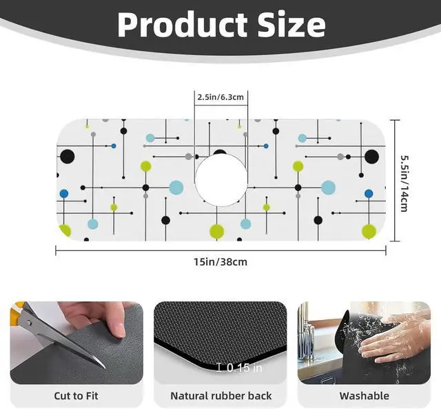 Alt view image 2 of 7 - Atomic Mid Century Geometry Rustic Modern Black Kitchen Sink Splash Guard Faucet Mat 1 Pcs, Absorbent Fast Drying Mat Gadgets Splash Guard For Bathroom 15 X 5.5 Inches