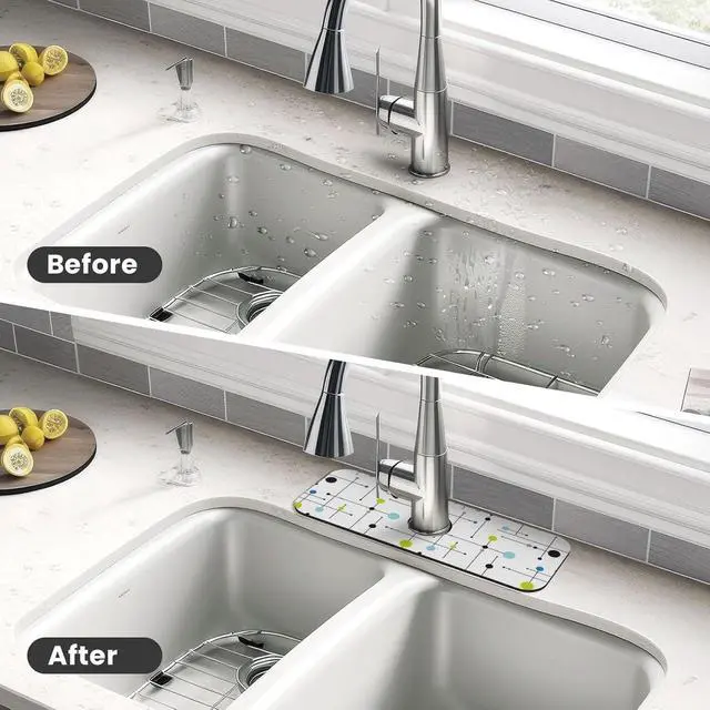 Alt view image 4 of 7 - Atomic Mid Century Geometry Rustic Modern Black Kitchen Sink Splash Guard Faucet Mat 1 Pcs, Absorbent Fast Drying Mat Gadgets Splash Guard For Bathroom 15 X 5.5 Inches