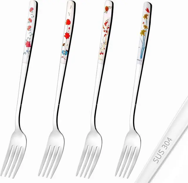 Main image of 4Pcs 8" Korean Forks 18/10 Stainless Steel Forks Silverware Flatware Louise Kitchen Salad Dessert Fork with Flower Pattern for Dinner Cutlery Home Restaurant, Mirror Finish, Dishwasher Safe