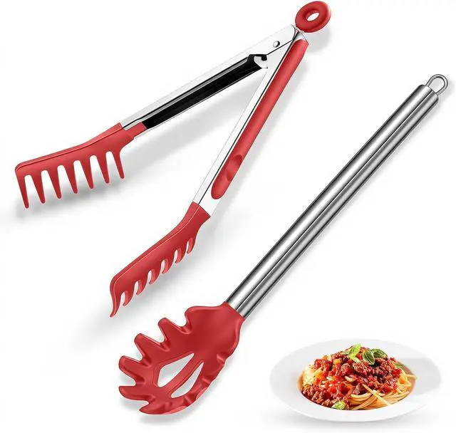 Main image of Spaghetti Spoon and Pasta Tong with Teeth and Drain Holes, 2-Piece Non-Stick Silicone Spoon Server Fork with Stainless Steel Handle, Kitchen Tong for Cooking, Serving, Salad and Noodles, Red