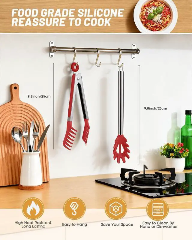 Alt view image 2 of 7 - Spaghetti Spoon and Pasta Tong with Teeth and Drain Holes, 2-Piece Non-Stick Silicone Spoon Server Fork with Stainless Steel Handle, Kitchen Tong for Cooking, Serving, Salad and Noodles, Red