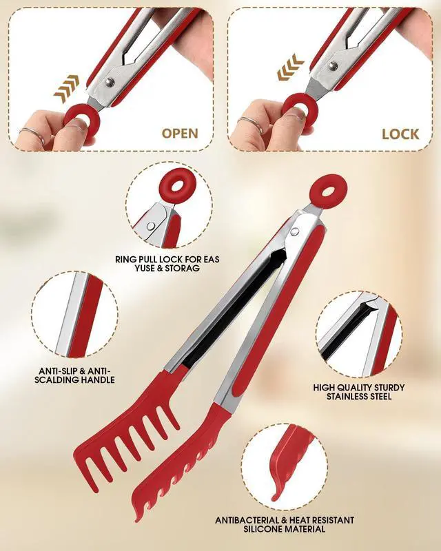 Alt view image 4 of 7 - Spaghetti Spoon and Pasta Tong with Teeth and Drain Holes, 2-Piece Non-Stick Silicone Spoon Server Fork with Stainless Steel Handle, Kitchen Tong for Cooking, Serving, Salad and Noodles, Red
