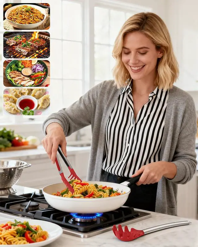 Alt view image 6 of 7 - Spaghetti Spoon and Pasta Tong with Teeth and Drain Holes, 2-Piece Non-Stick Silicone Spoon Server Fork with Stainless Steel Handle, Kitchen Tong for Cooking, Serving, Salad and Noodles, Red