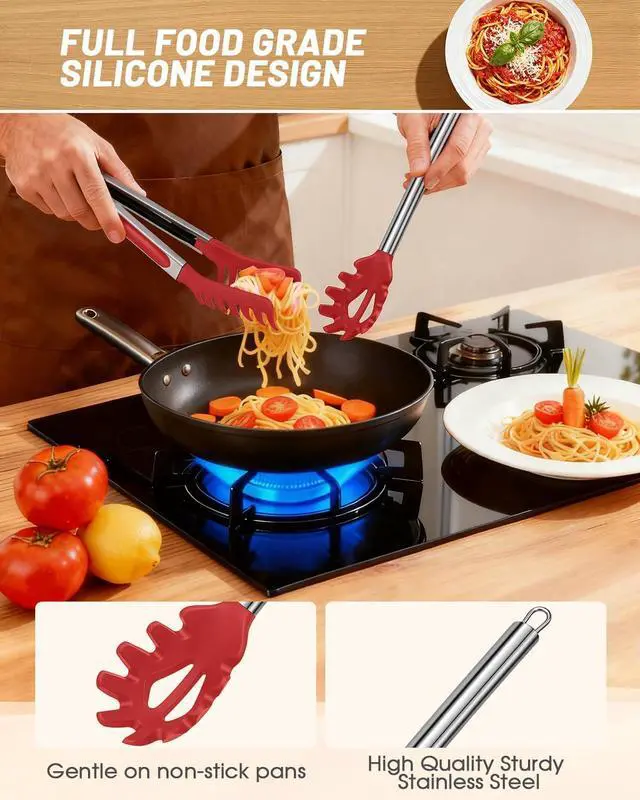 Alt view image 3 of 7 - Spaghetti Spoon and Pasta Tong with Teeth and Drain Holes, 2-Piece Non-Stick Silicone Spoon Server Fork with Stainless Steel Handle, Kitchen Tong for Cooking, Serving, Salad and Noodles, Red