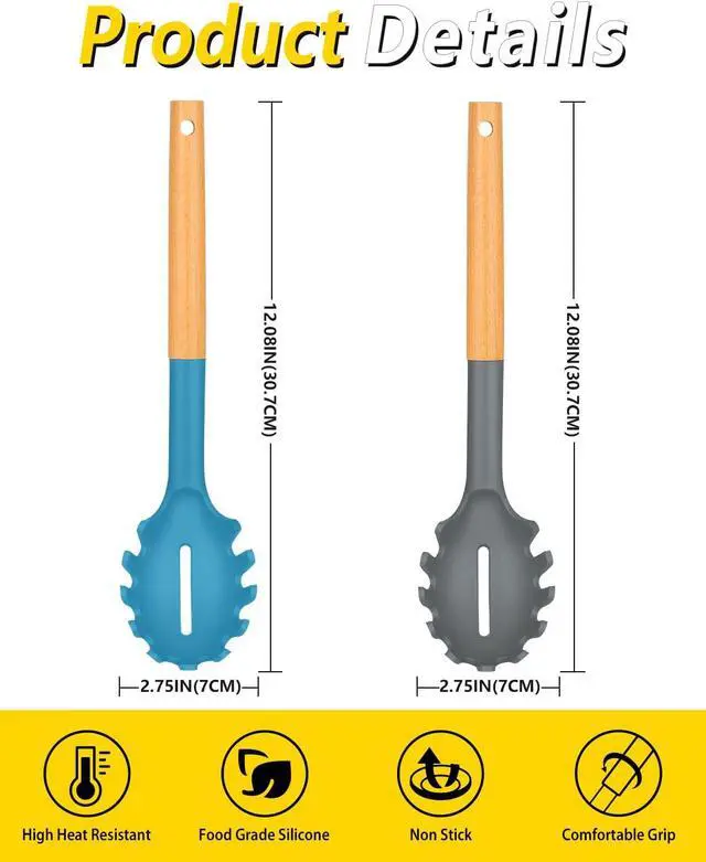 Alt view image 2 of 7 - Pack of 2 Spaghetti Spoon, Silicone Pasta Fork with Wooden Handle, Heat Resistant Noodle Spoon Server, BPA Free Spaghetti Strainer(GRAY-BLUE)
