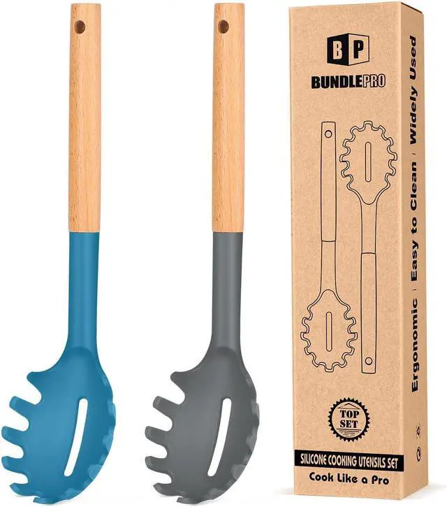 Main image of Pack of 2 Spaghetti Spoon, Silicone Pasta Fork with Wooden Handle, Heat Resistant Noodle Spoon Server, BPA Free Spaghetti Strainer(GRAY-BLUE)