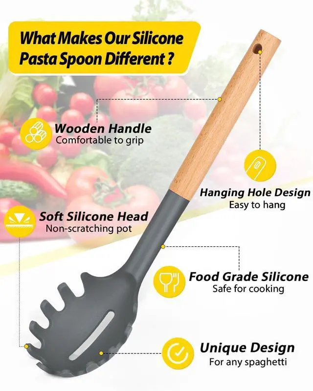 Alt view image 3 of 7 - Pack of 2 Spaghetti Spoon, Silicone Pasta Fork with Wooden Handle, Heat Resistant Noodle Spoon Server, BPA Free Spaghetti Strainer(GRAY-BLUE)