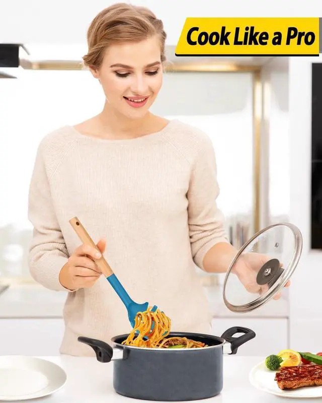 Alt view image 4 of 7 - Pack of 2 Spaghetti Spoon, Silicone Pasta Fork with Wooden Handle, Heat Resistant Noodle Spoon Server, BPA Free Spaghetti Strainer(GRAY-BLUE)
