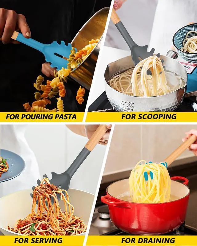 Alt view image 5 of 7 - Pack of 2 Spaghetti Spoon, Silicone Pasta Fork with Wooden Handle, Heat Resistant Noodle Spoon Server, BPA Free Spaghetti Strainer(GRAY-BLUE)