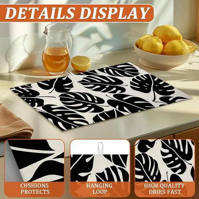 Alt view image 3 of 7 - Black Monstera Leaf Dish Drying Mat for Kitchen Counter Microfiber Absorbent Dish Kitchen Drying Mat Draining Reusable Washable for Dishes/Utensils/Countertops/Sinks