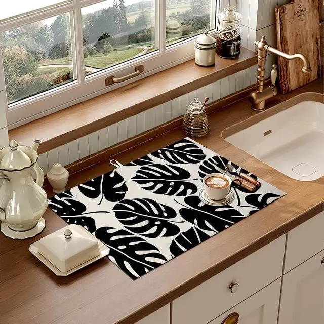 Alt view image 6 of 7 - Black Monstera Leaf Dish Drying Mat for Kitchen Counter Microfiber Absorbent Dish Kitchen Drying Mat Draining Reusable Washable for Dishes/Utensils/Countertops/Sinks