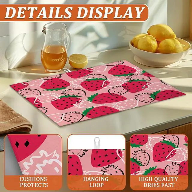 Alt view image 3 of 7 - Strawberries Dish Drying Mat for Kitchen Counter Microfiber Absorbent Dish Kitchen Drying Mat Draining Reusable Washable for Dishes/Utensils/Countertops/Sinks