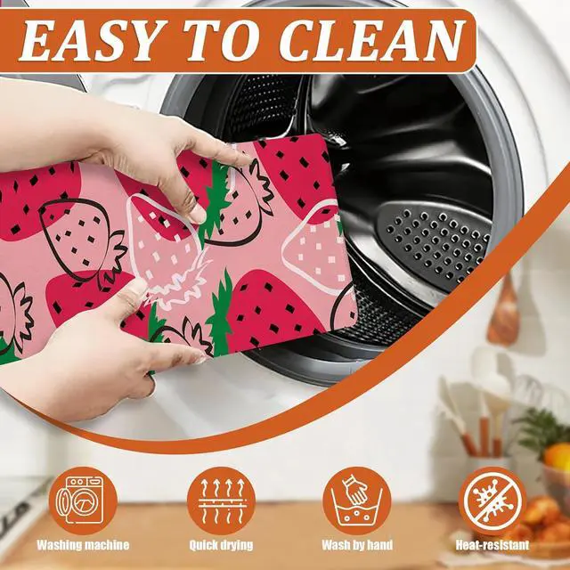 Alt view image 4 of 7 - Strawberries Dish Drying Mat for Kitchen Counter Microfiber Absorbent Dish Kitchen Drying Mat Draining Reusable Washable for Dishes/Utensils/Countertops/Sinks