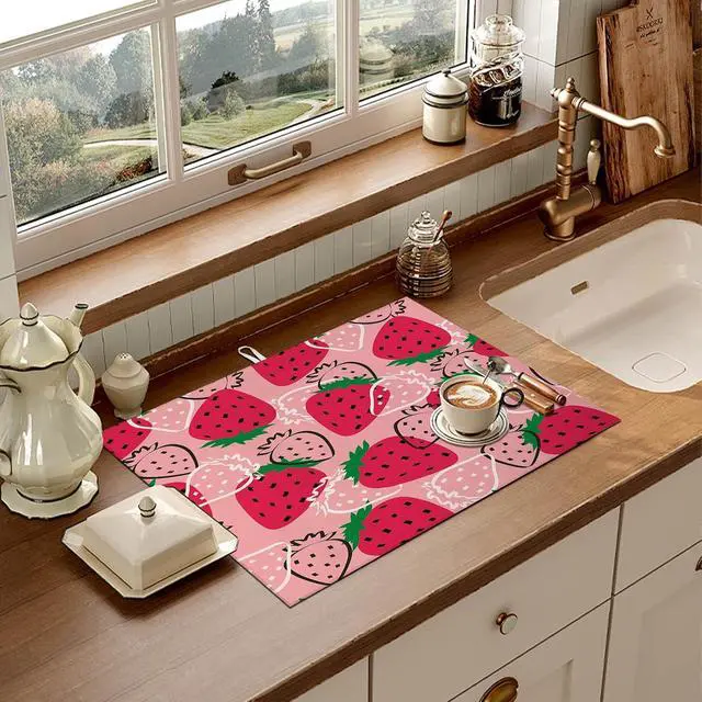 Alt view image 6 of 7 - Strawberries Dish Drying Mat for Kitchen Counter Microfiber Absorbent Dish Kitchen Drying Mat Draining Reusable Washable for Dishes/Utensils/Countertops/Sinks