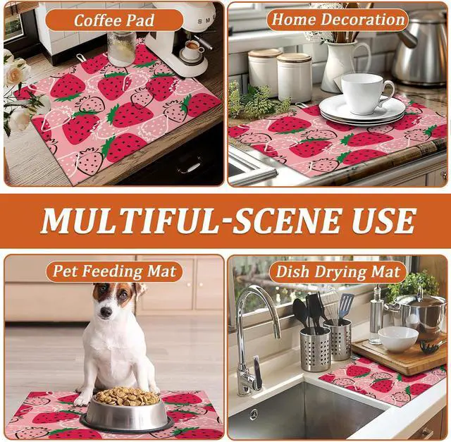 Alt view image 7 of 7 - Strawberries Dish Drying Mat for Kitchen Counter Microfiber Absorbent Dish Kitchen Drying Mat Draining Reusable Washable for Dishes/Utensils/Countertops/Sinks