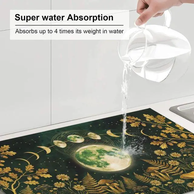 Alt view image 6 of 7 - Moon Phase Leaf Large Absorbent Dish Drying Mat For Kitchen Counter,18*24in