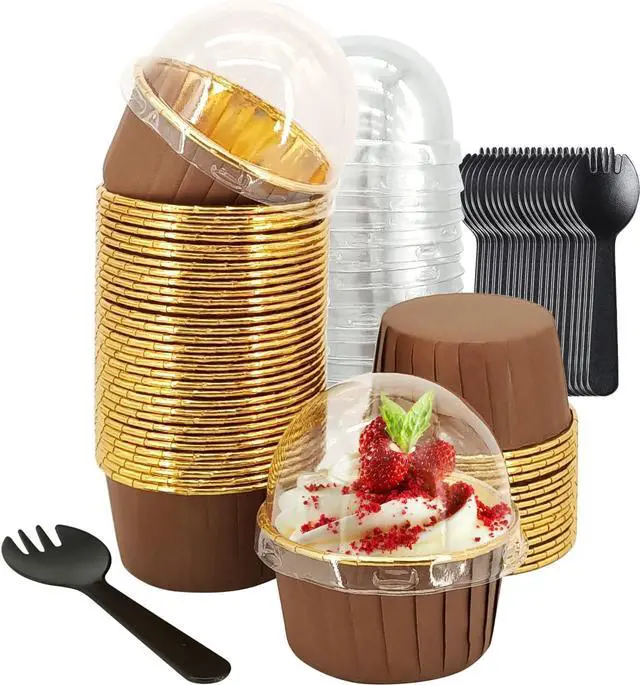 Main image of LNYZQUS Brown Cupcake Liners with Dome Lids, 5oz Mini Baking Cups