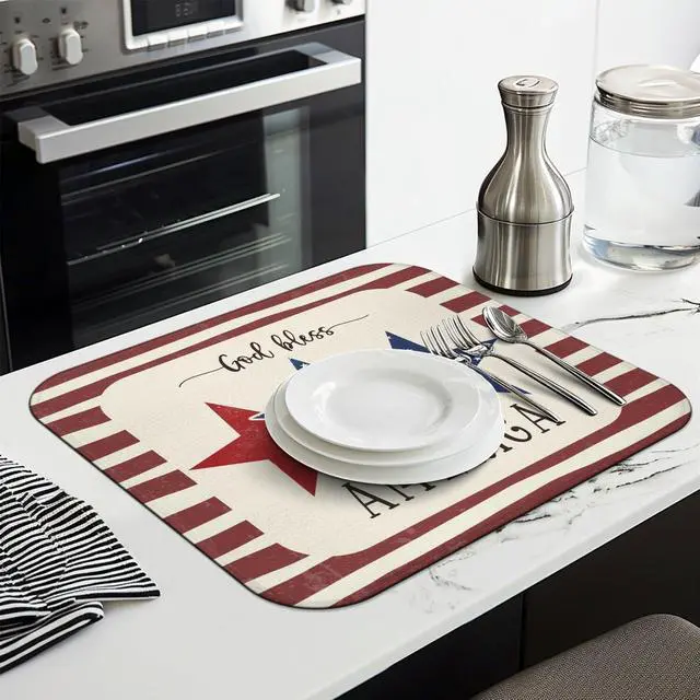 Alt view image 4 of 7 - 4th of July Dish Drying Mat for Kitchen Counter,Independence Day Stars Memorial Fallen Soldiers Microfiber Drying Mat, Washable Absorbent Patriot Kitchen Countertop Dish Mat Draining Mat 16×18 Inch