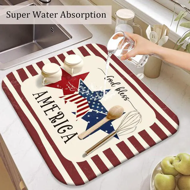 Alt view image 5 of 7 - 4th of July Dish Drying Mat for Kitchen Counter,Independence Day Stars Memorial Fallen Soldiers Microfiber Drying Mat, Washable Absorbent Patriot Kitchen Countertop Dish Mat Draining Mat 16×18 Inch