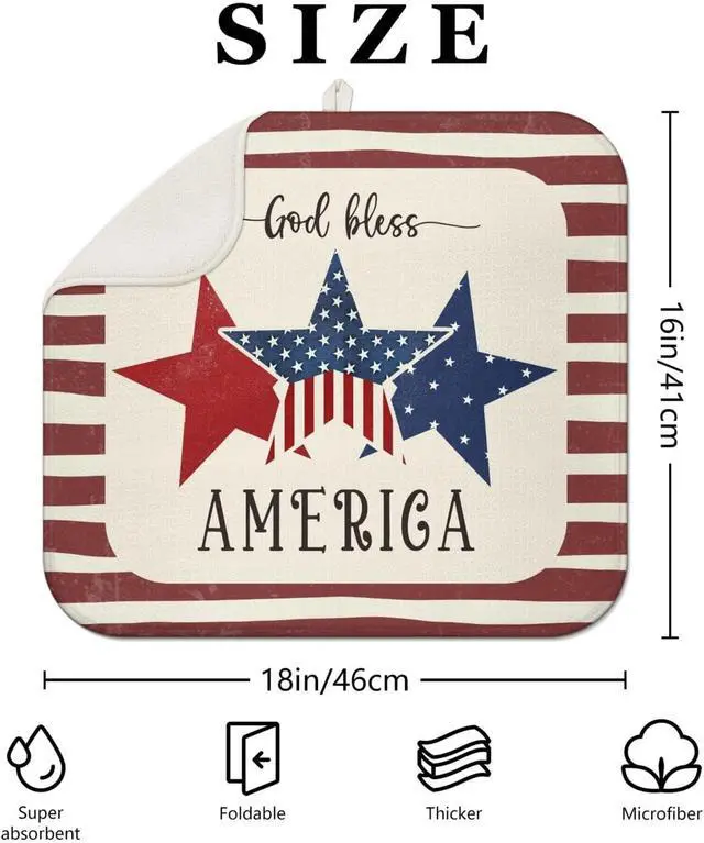 Alt view image 2 of 7 - 4th of July Dish Drying Mat for Kitchen Counter,Independence Day Stars Memorial Fallen Soldiers Microfiber Drying Mat, Washable Absorbent Patriot Kitchen Countertop Dish Mat Draining Mat 16×18 Inch