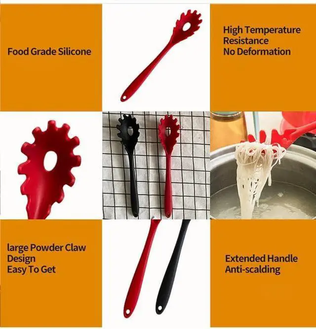 Alt view image 5 of 7 - Silicone Pasta Fork (11.5"), High Heat Resistant to 480°F, Hygienic One Piece Design, Spaghetti Strainer & Server Spoon Pasta Forks (Red)