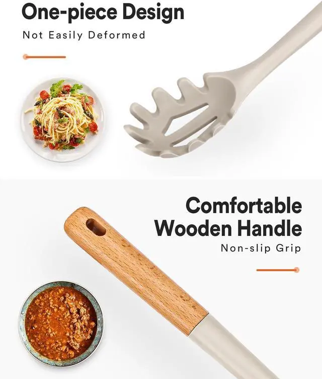 Alt view image 4 of 7 - Badiano Silicone Pasta Fork and Cooking Spoon Set,12.8 inch, Khaki