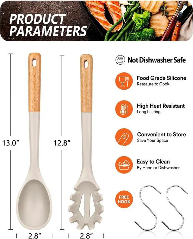 Alt view image 2 of 7 - Badiano Silicone Pasta Fork and Cooking Spoon Set,12.8 inch, Khaki