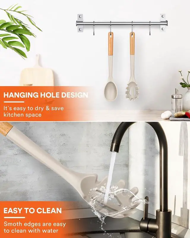Alt view image 7 of 7 - Badiano Silicone Pasta Fork and Cooking Spoon Set,12.8 inch, Khaki