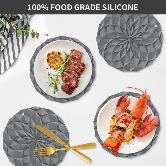 Alt view image 2 of 7 - ME.FAN Silicone Trivet Mats - 4 Pack Pot Holders - 7.4'' Thickened Hot Pads for Hot pots, Pans and Dishes, Heat Resistant Silicone Trivet for Table and Counter Top Deep Grey