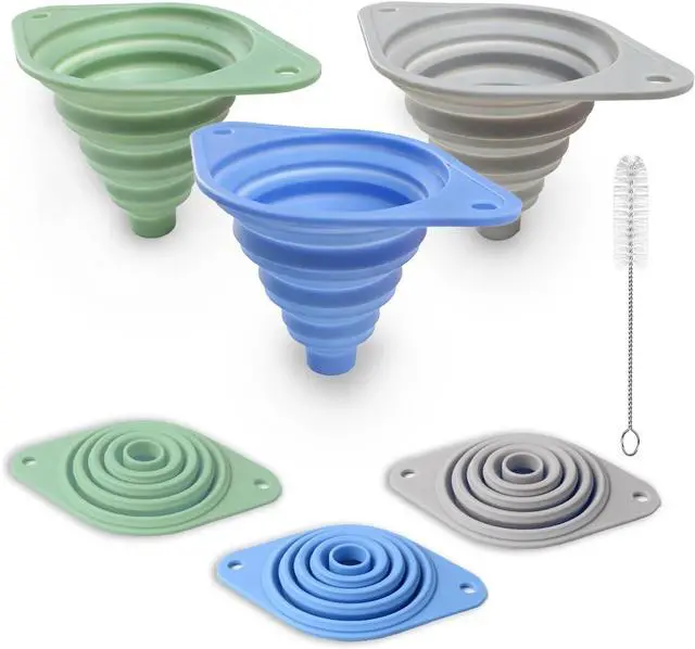 Main image of Kitchen Funnel Set 3 Pack, Collapsible Silicone Funnel for Kitchen Use, Small Funnels for Filling Bottle, Transfer Liquid, Oil and Powder, Food Grade Silicone Filter with a Brush