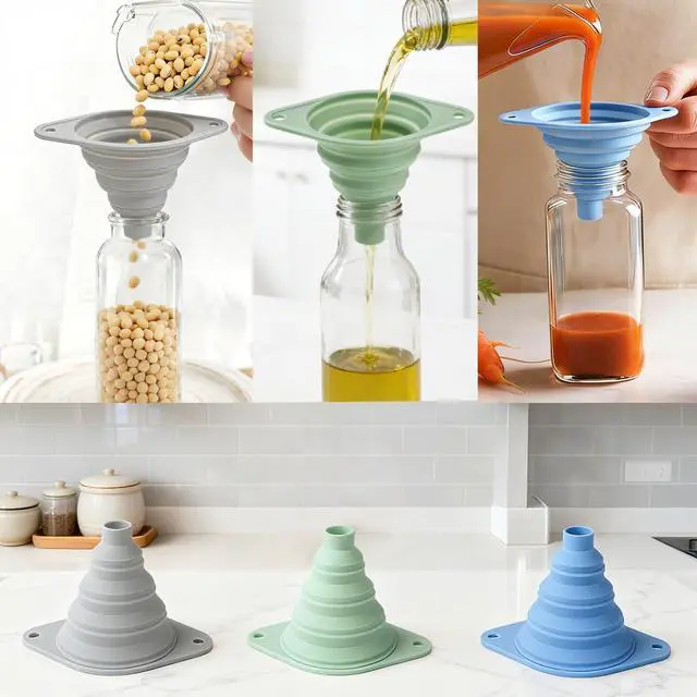 Alt view image 2 of 7 - Kitchen Funnel Set 3 Pack, Collapsible Silicone Funnel for Kitchen Use, Small Funnels for Filling Bottle, Transfer Liquid, Oil and Powder, Food Grade Silicone Filter with a Brush
