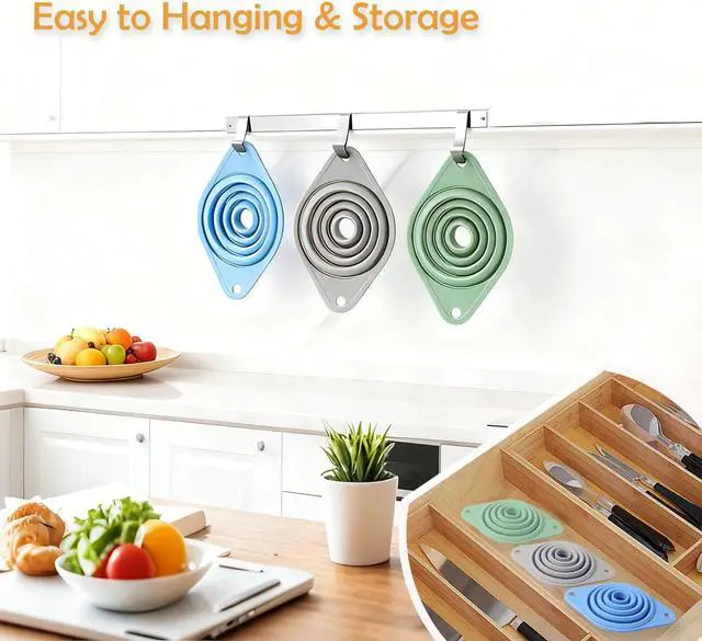 Alt view image 3 of 7 - Kitchen Funnel Set 3 Pack, Collapsible Silicone Funnel for Kitchen Use, Small Funnels for Filling Bottle, Transfer Liquid, Oil and Powder, Food Grade Silicone Filter with a Brush