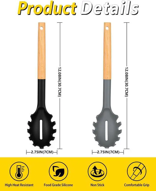 Alt view image 2 of 7 - Pack of 2 Spaghetti Spoon, Silicone Pasta Fork with Wooden Handle, Heat Resistant Noodle Spoon Server, BPA Free Spaghetti Strainer(BLACK-GRAY)