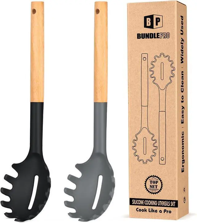 Main image of Pack of 2 Spaghetti Spoon, Silicone Pasta Fork with Wooden Handle, Heat Resistant Noodle Spoon Server, BPA Free Spaghetti Strainer(BLACK-GRAY)
