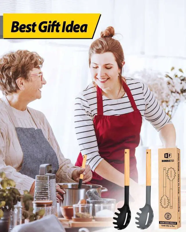 Alt view image 7 of 7 - Pack of 2 Spaghetti Spoon, Silicone Pasta Fork with Wooden Handle, Heat Resistant Noodle Spoon Server, BPA Free Spaghetti Strainer(BLACK-GRAY)