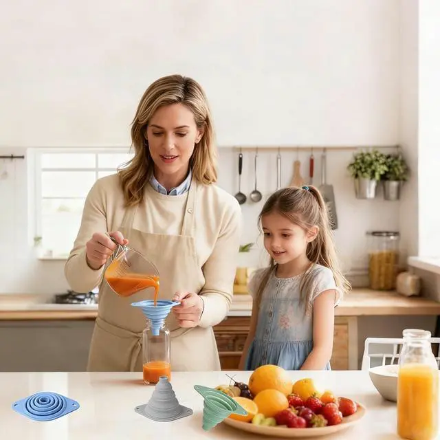 Alt view image 5 of 7 - Kitchen Funnel Set 3 Pack, Collapsible Silicone Funnel for Kitchen Use, Small Funnels for Filling Bottle, Transfer Liquid, Oil and Powder, Food Grade Silicone Filter with a Brush
