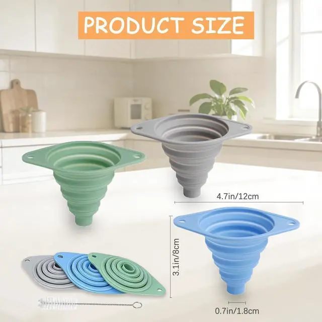 Alt view image 6 of 7 - Kitchen Funnel Set 3 Pack, Collapsible Silicone Funnel for Kitchen Use, Small Funnels for Filling Bottle, Transfer Liquid, Oil and Powder, Food Grade Silicone Filter with a Brush