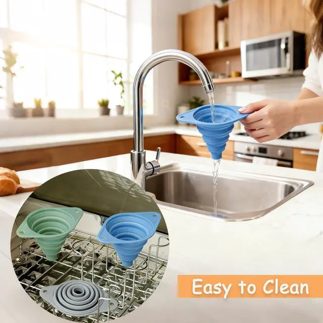 Alt view image 7 of 7 - Kitchen Funnel Set 3 Pack, Collapsible Silicone Funnel for Kitchen Use, Small Funnels for Filling Bottle, Transfer Liquid, Oil and Powder, Food Grade Silicone Filter with a Brush