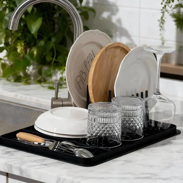 Main image of 15.75"x11.18" Silicone Dish Drying Mat for Kitchen Counter, Quick Dry Dish Mat with Dish Rack and Dual-Sided Independent Zones, Multiple Usage Kitchen Mat with Hanging Hook for Home (Black)